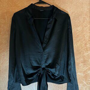 Black Express Button Up Front Tie Blouse-Medium